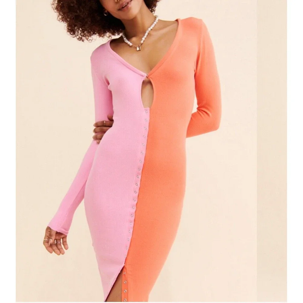 Atoir Women Dress Sweater Bodycon The Saturn Pink Orange Colorblock Preppy Sz 8